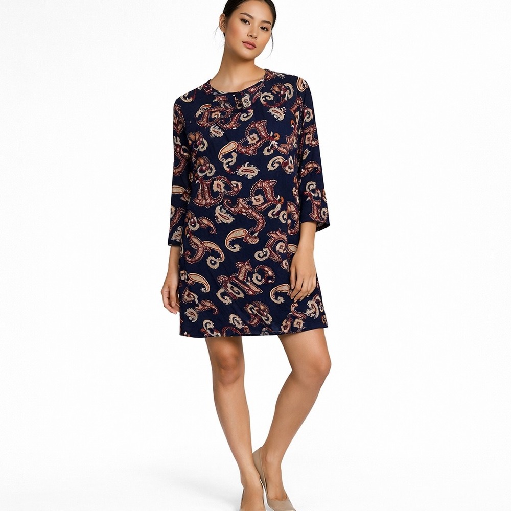 Women Navy Paisley Tunic Dress S Boho Cottagecore Western Twee Dark Academia 70s